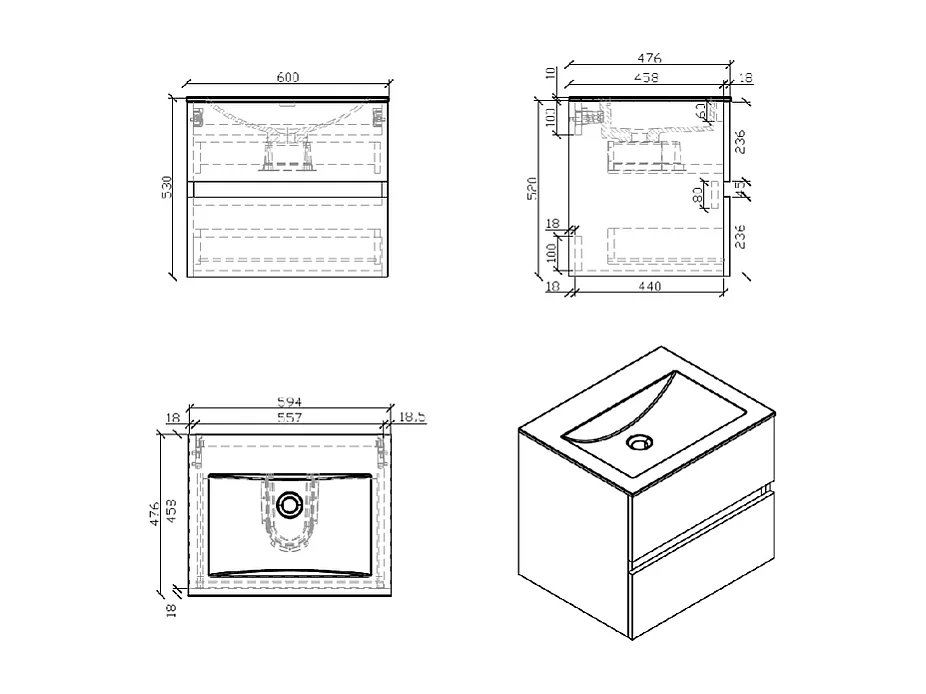 Meuble salle de bain design simple vasque SIENA largeur 60 cm noyer