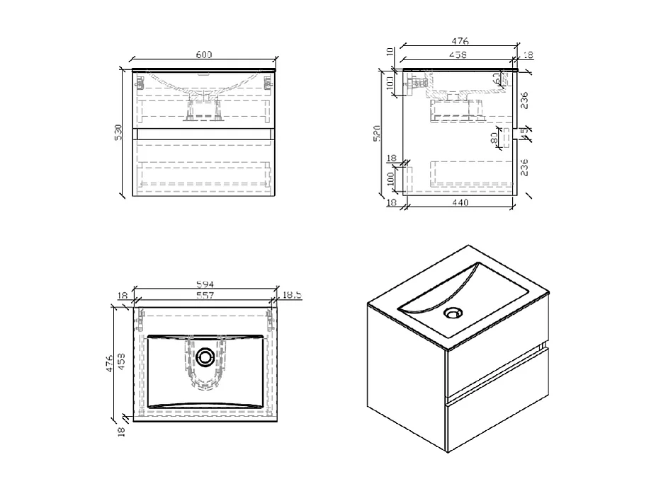 Waschtisch + Unterschrank 60cm montiert Nussbaum SIENA