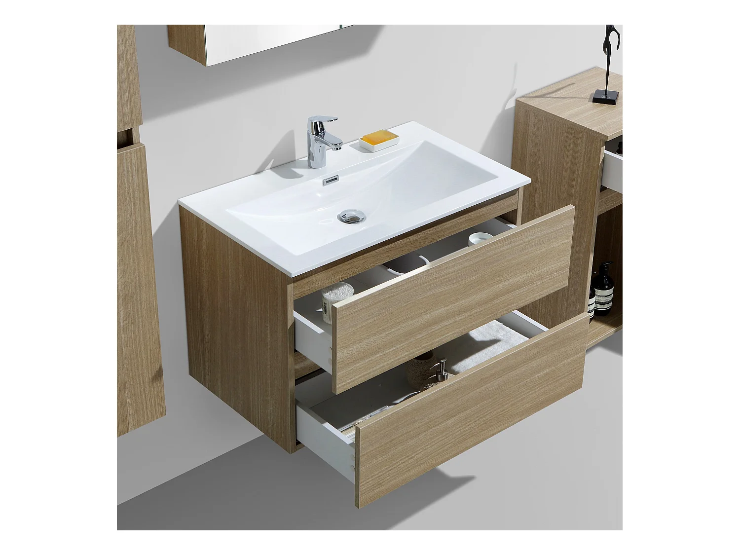 Meuble salle de bain design simple vasque SIENA largeur 80 cm chêne clair texturé