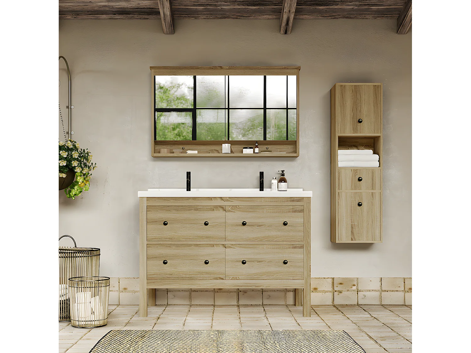 Meuble salle de bain double vasque sur pieds 120 cm TYPO chêne