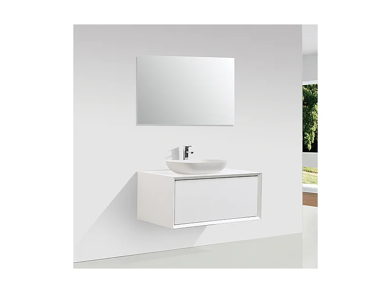Meuble salle de bain pour vasque à poser PALIO largeur 90 cm blanc mat