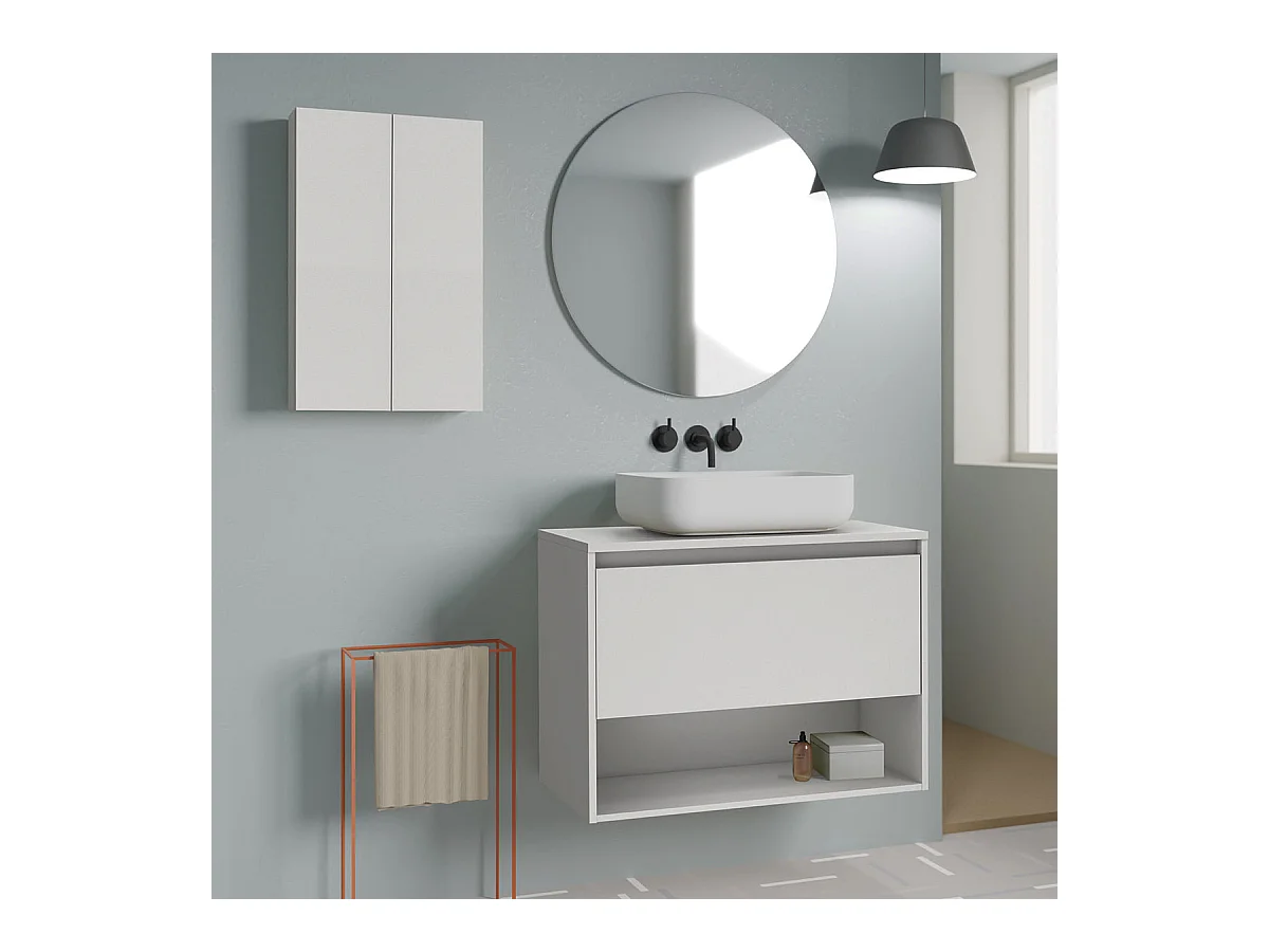 Meuble salle de bain suspendu avec vasque posée NIWA TOP  blanc brillant 80 cm  Miroir non inclus