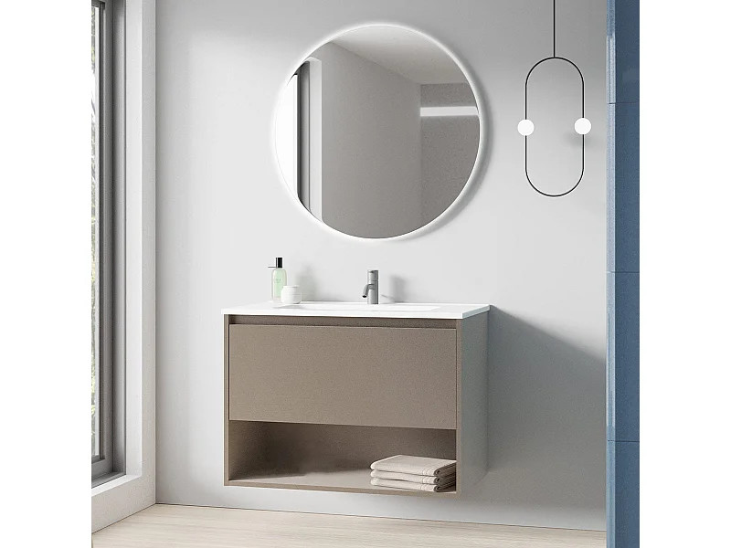 Meuble salle de bain suspendu NIWA  fumé sablé 80 cm Gris  Miroir non inclus