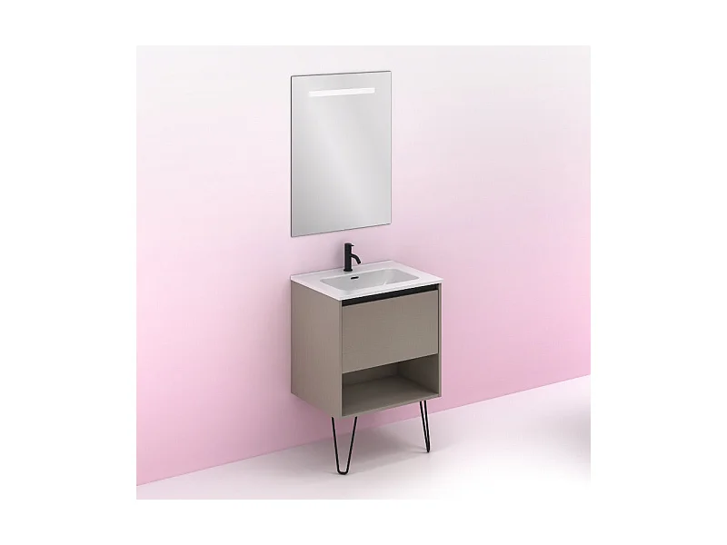 Meuble salle de bain simple vasque YOKO  fumé sablé 60 cm Gris  Miroir non inclus