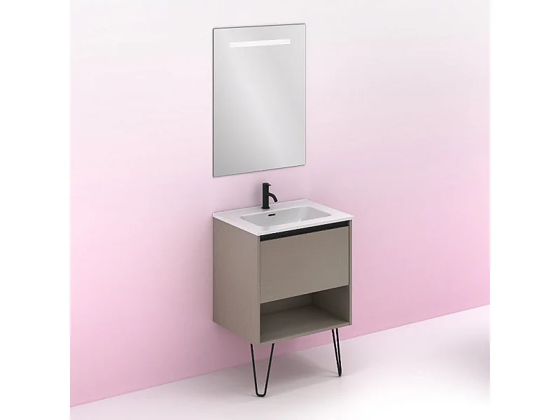 Meuble salle de bain simple vasque YOKO  fumé sablé 60 cm Gris  Miroir non inclus