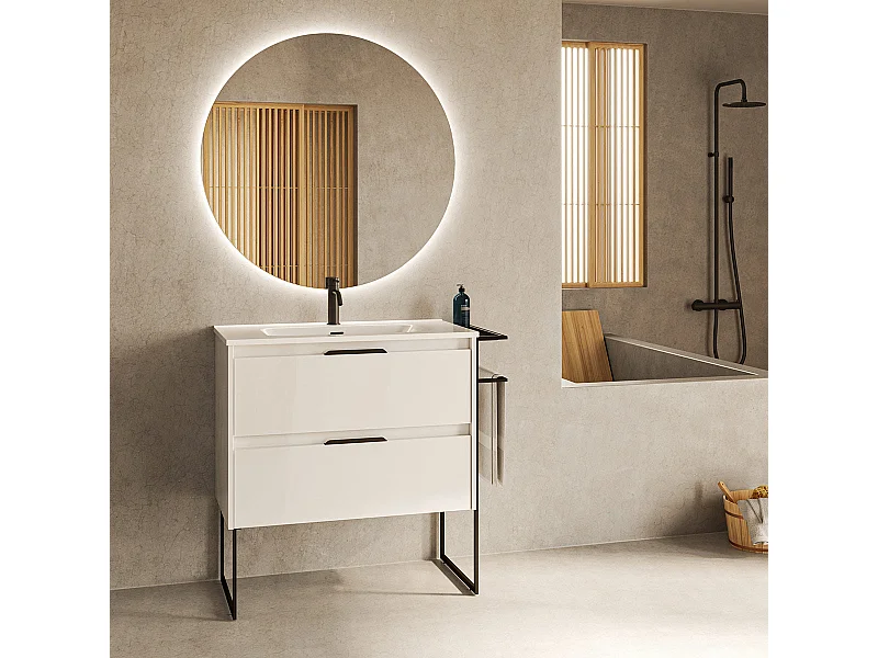 Meuble salle de bain en bois et métal KEIKO  blanc brillant 100 cm