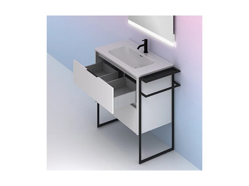 Meuble salle de bain en bois et métal KEIKO  blanc brillant 100 cm