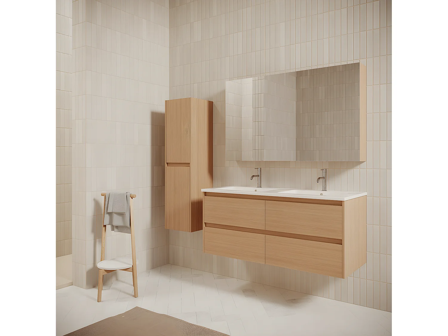 Meuble salle de bain design double vasque FORTINA largeur 120 cm chêne clair