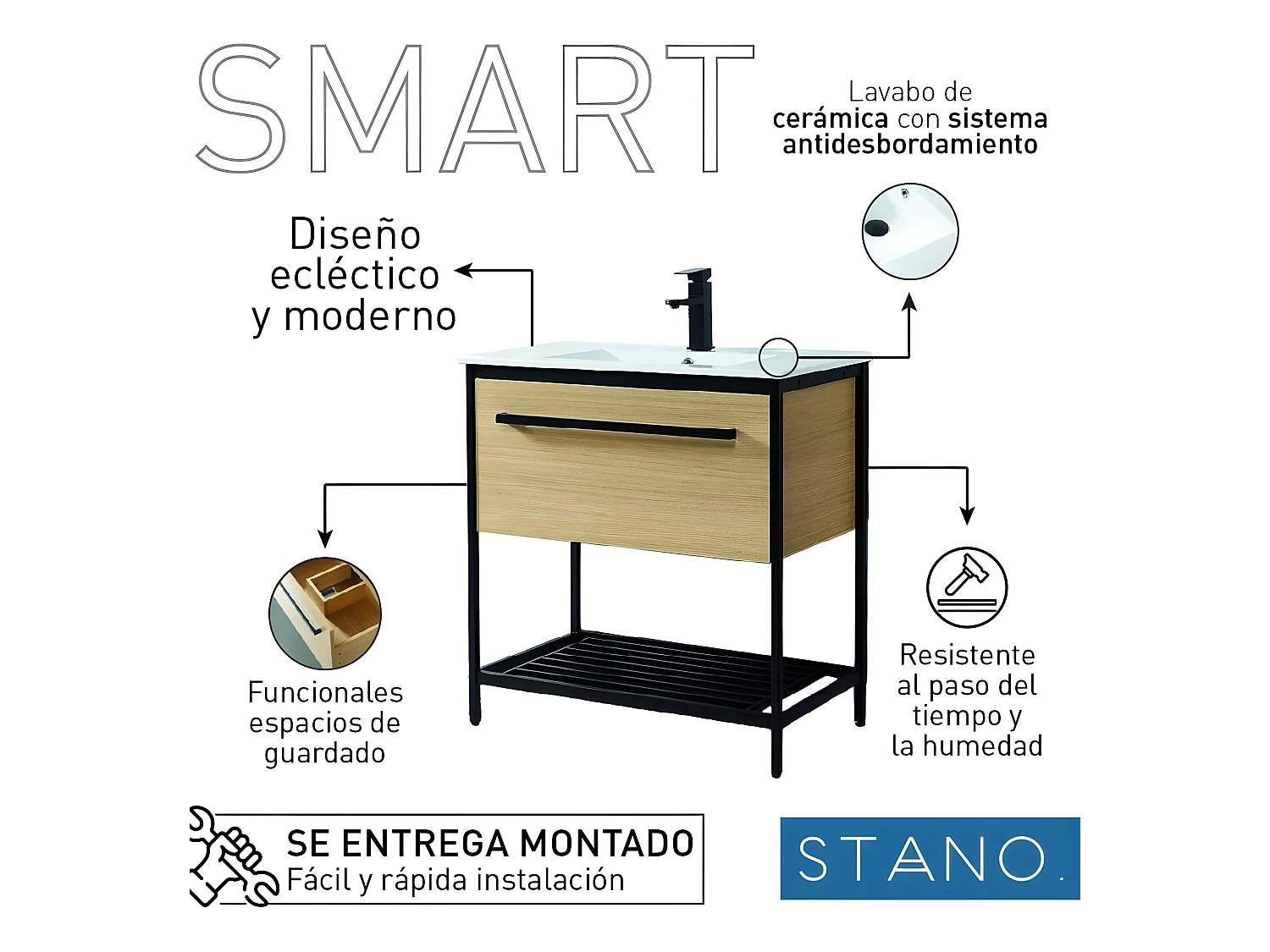 Metall-Badezimmerschrank mit schwarzem Keramikwaschbecken SMART