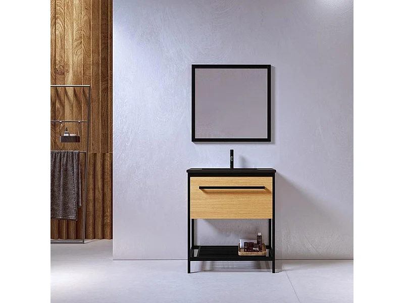 Meuble salle de bain SMART largeur 80 cm en métal noir avec vasque céramique noire