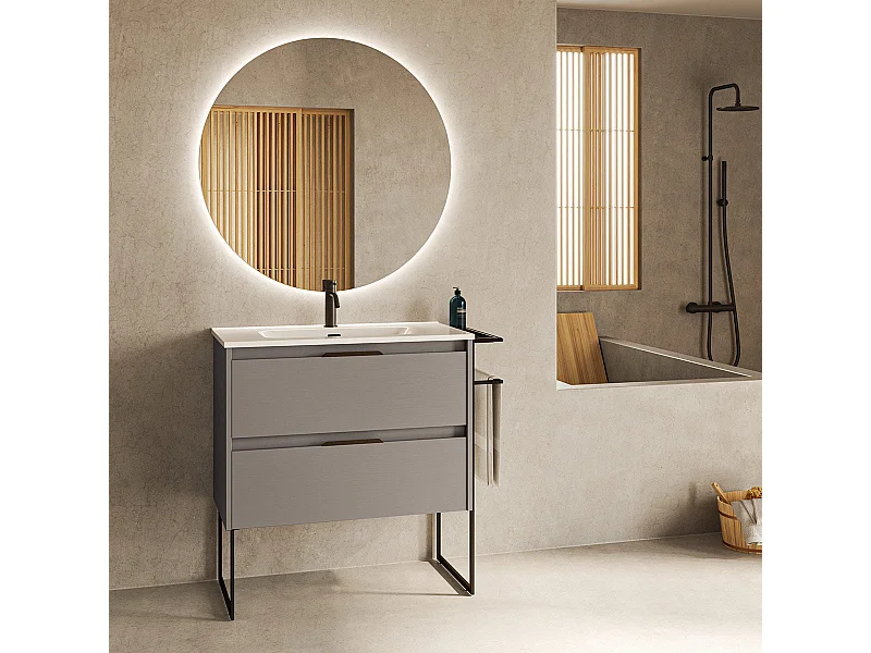 Meuble salle de bain en bois et métal KEIKO  fumé sablé 80 cm Gris