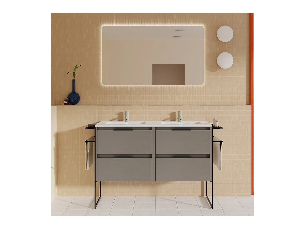 Meuble salle de bain double vasque en bois et métal KEIKO largeur 120 cm fumé sablé