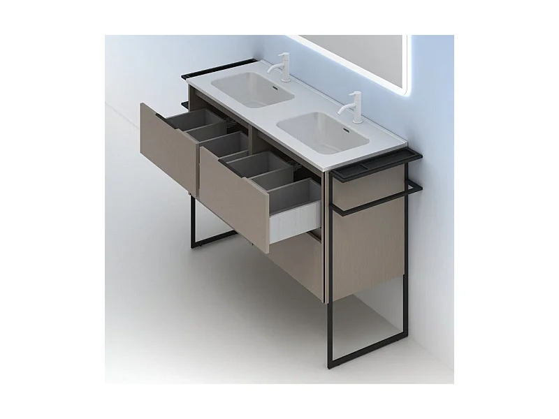 Meuble salle de bain double vasque en bois et métal KEIKO largeur 120 cm fumé sablé