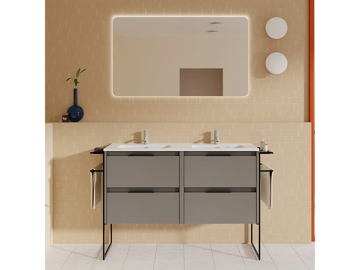 Meuble salle de bain double vasque en bois et métal KEIKO largeur 120 cm fumé sablé