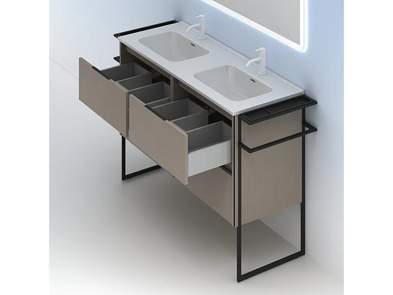 Meuble salle de bain double vasque en bois et métal KEIKO largeur 120 cm fumé sablé