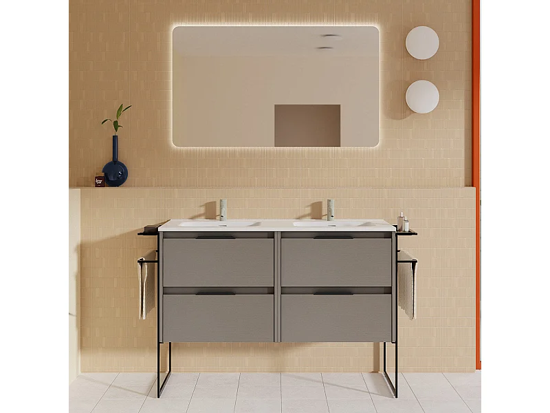 Meuble salle de bain double vasque en bois et métal KEIKO largeur 120 cm fumé sablé