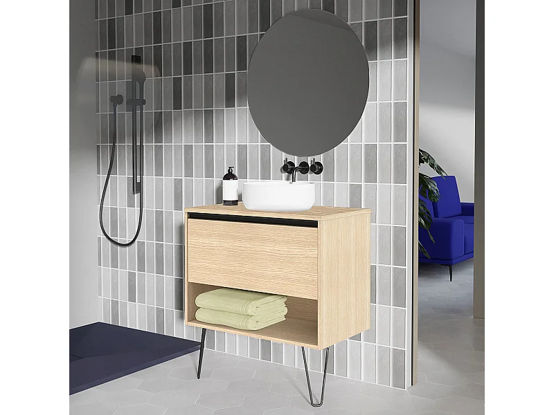 Meuble salle de bain avec vasque posée YOKO TOP  chêne sablé 60 cm  Miroir non inclus