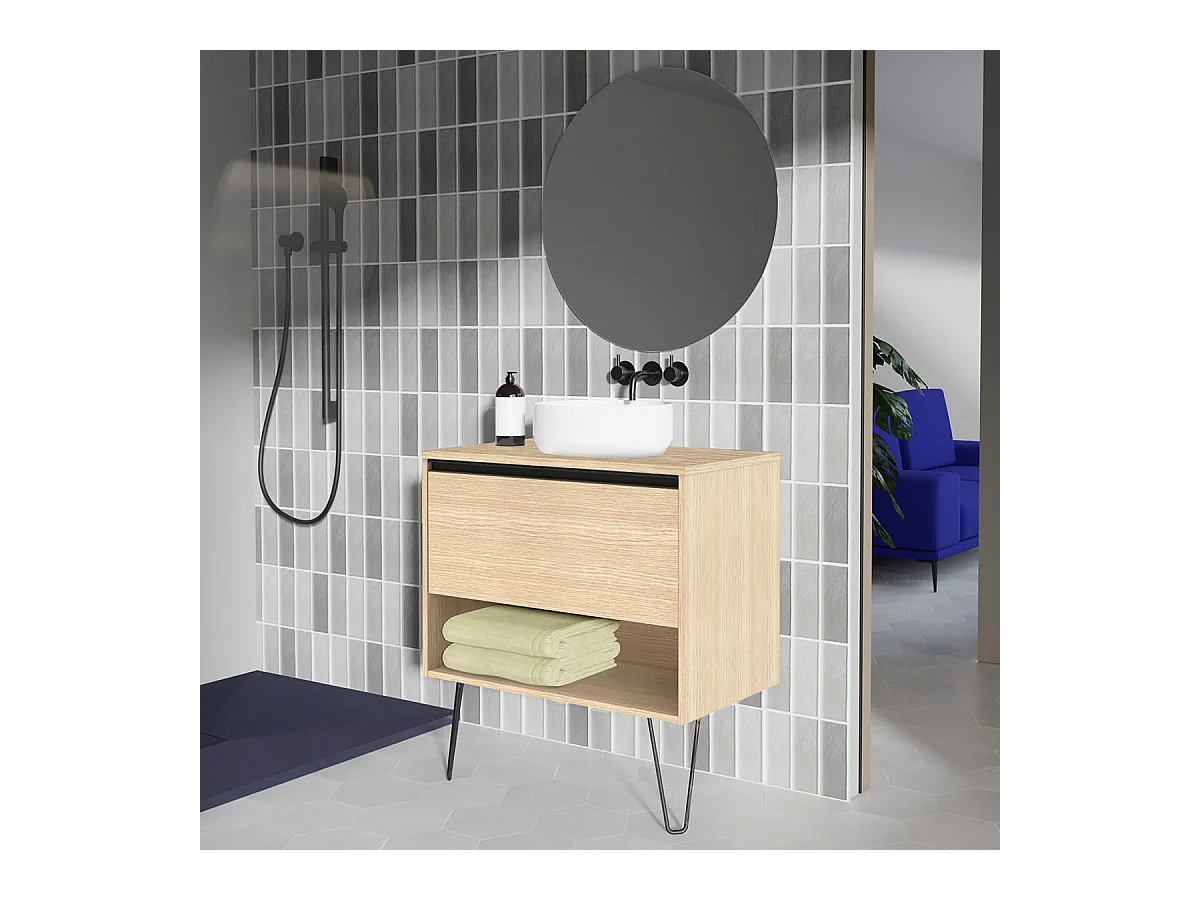 Meuble salle de bain avec vasque posée YOKO TOP  chêne sablé 60 cm  Miroir non inclus