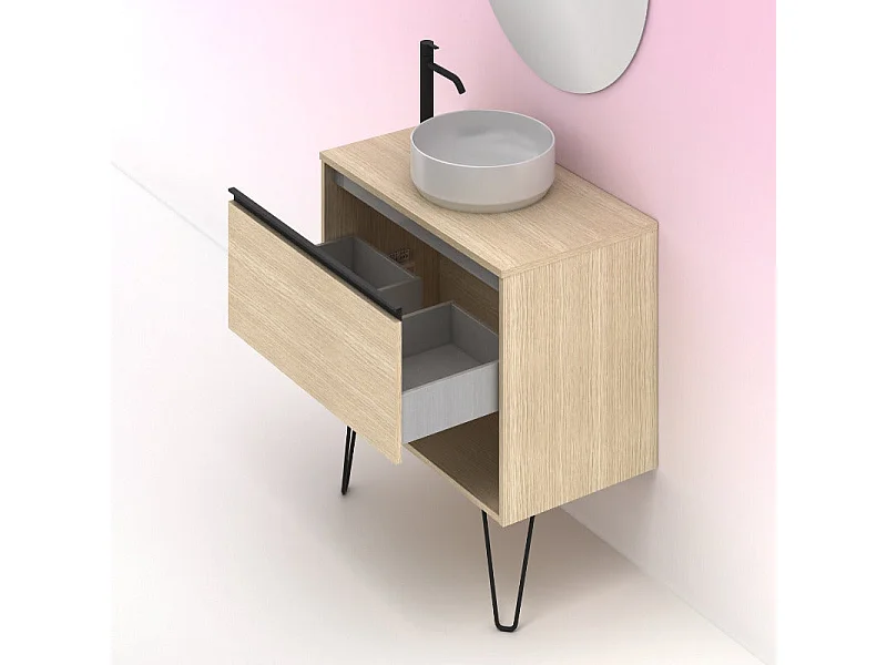 Meuble salle de bain avec vasque posée YOKO TOP  chêne sablé 60 cm  Miroir non inclus