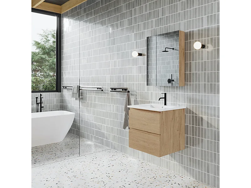 Meuble salle de bain design simple vasque MESSINA largeur 60 cm chêne clair