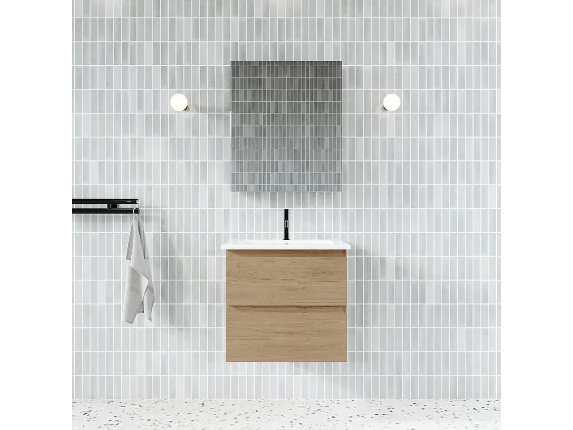 Meuble salle de bain design simple vasque MESSINA largeur 60 cm chêne clair