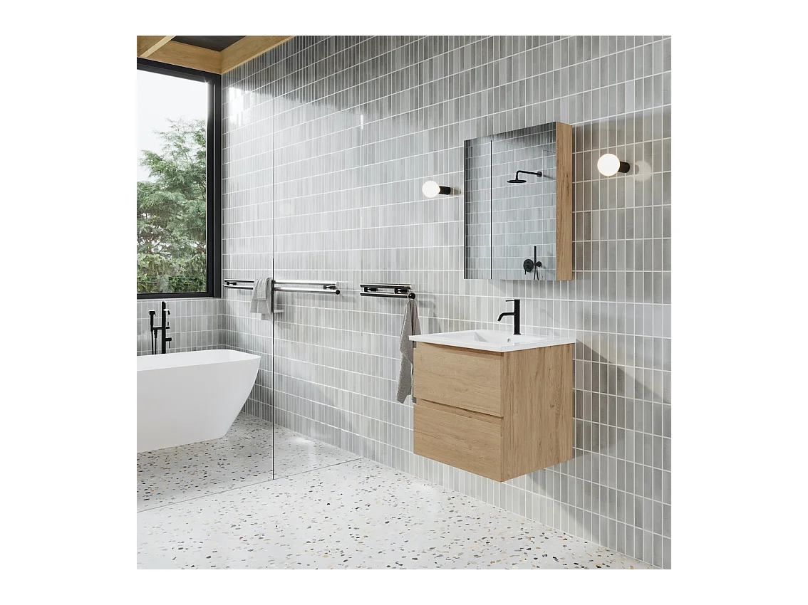Meuble salle de bain design simple vasque MESSINA largeur 60 cm chêne clair