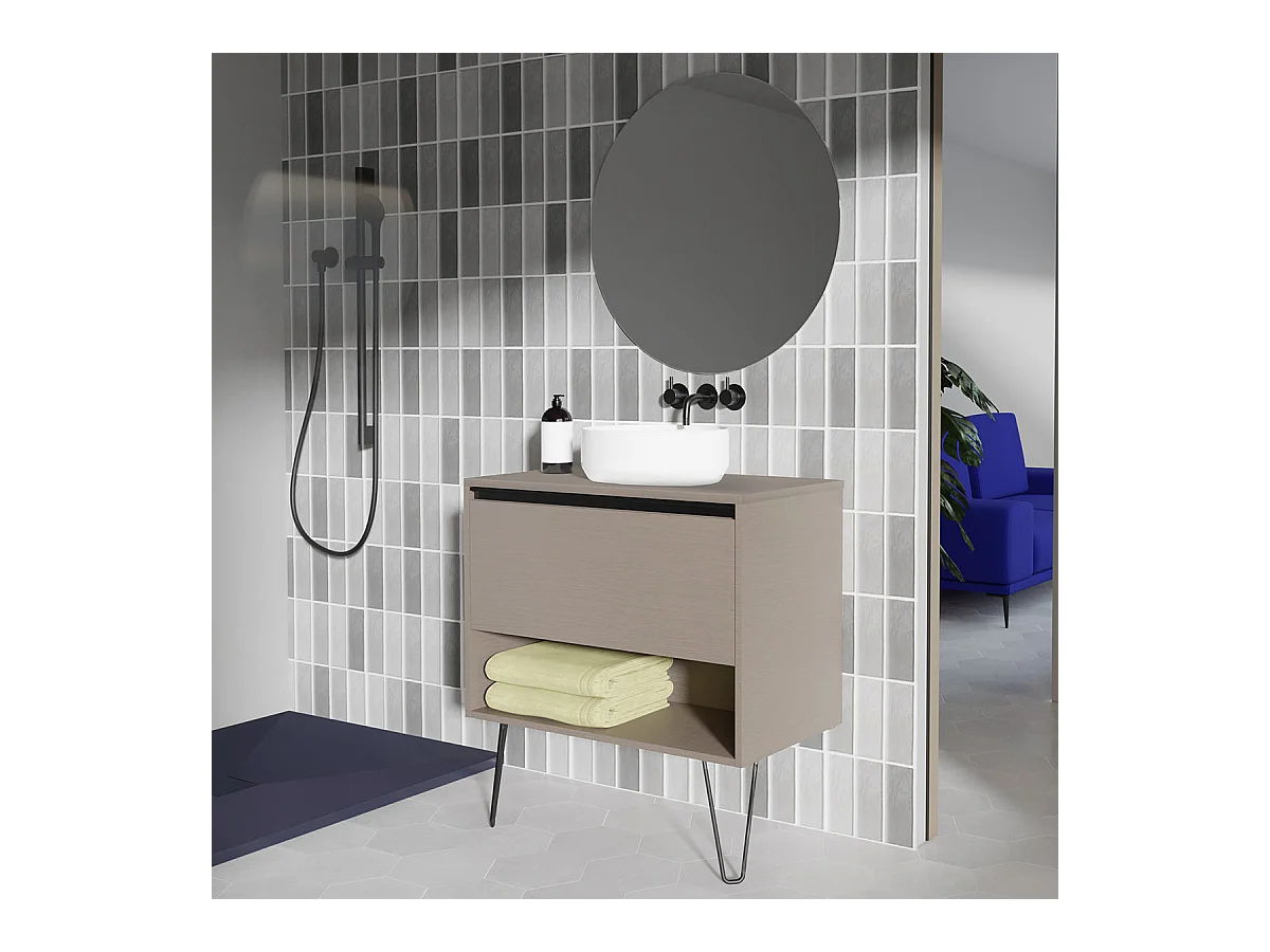 Meuble salle de bain avec vasque posée YOKO TOP  fumé sablé 80 cm Gris  Miroir non inclus