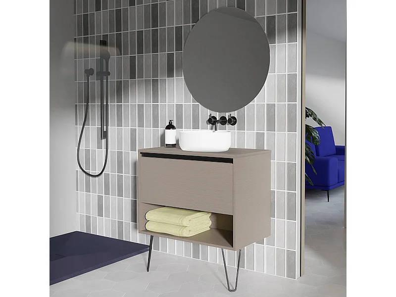 Meuble salle de bain avec vasque posée YOKO TOP  fumé sablé 80 cm Gris  Miroir non inclus