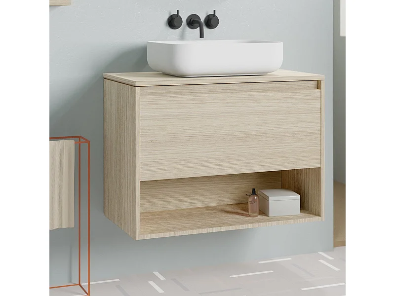 Meuble salle de bain suspendu avec vasque posée NIWA TOP  chêne sablé 80 cm  Miroir non inclus