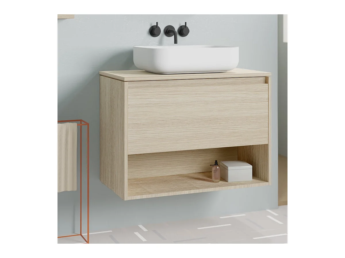 Meuble salle de bain suspendu avec vasque posée NIWA TOP  chêne sablé 80 cm  Miroir non inclus