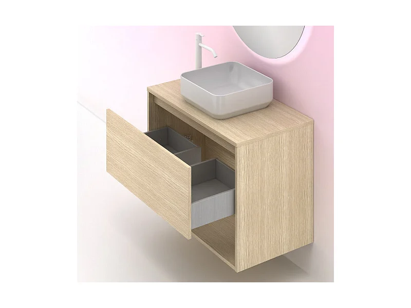 Meuble salle de bain suspendu avec vasque posée NIWA TOP  chêne sablé 80 cm  Miroir non inclus