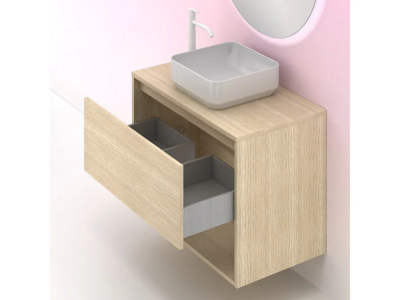 Meuble salle de bain suspendu avec vasque posée NIWA TOP  chêne sablé 80 cm  Miroir non inclus