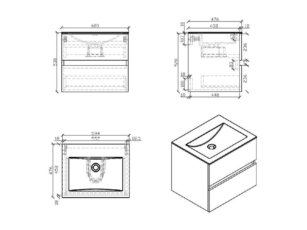Waschtisch + Unterschrank 60cm montiert weiß lackiert SIENA