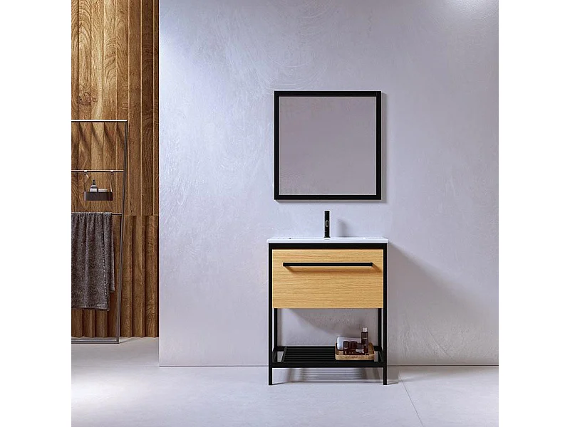 Meuble salle de bain SMART largeur 80 cm en métal noir avec vasque céramique blanche