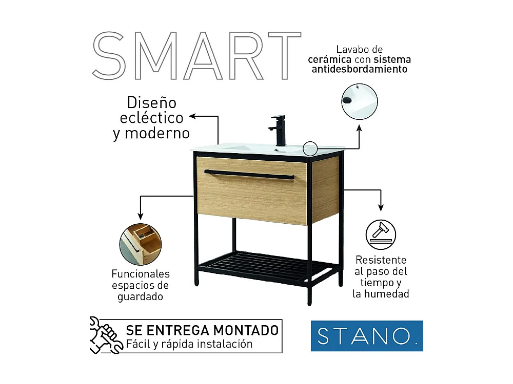 Mueble de Baño con patas + Lavabo 80 cm SMART – Madera y Metal Negro