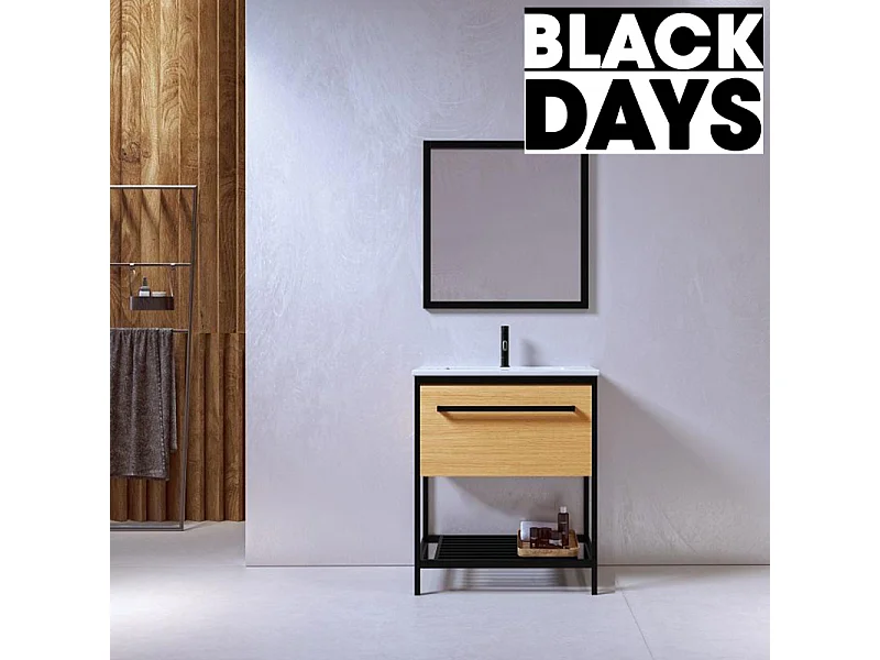 Meuble salle de bain SMART largeur 80 cm en métal noir avec vasque céramique blanche