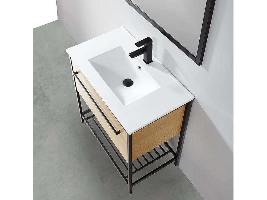 Meuble salle de bain SMART largeur 80 cm en métal noir avec vasque céramique blanche