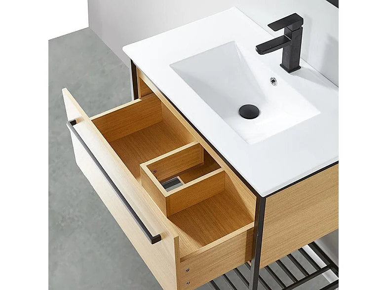 Meuble salle de bain SMART largeur 80 cm en métal noir avec vasque céramique blanche