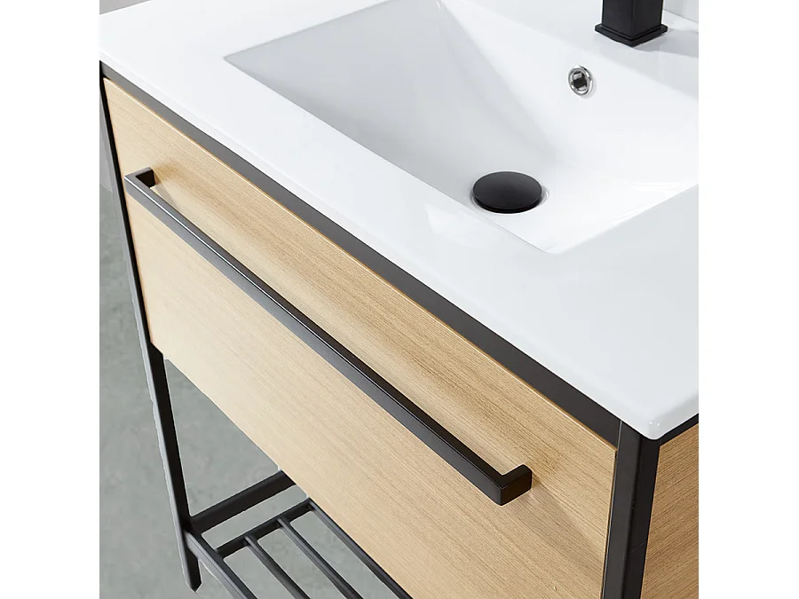 Meuble salle de bain SMART largeur 80 cm en métal noir avec vasque céramique blanche