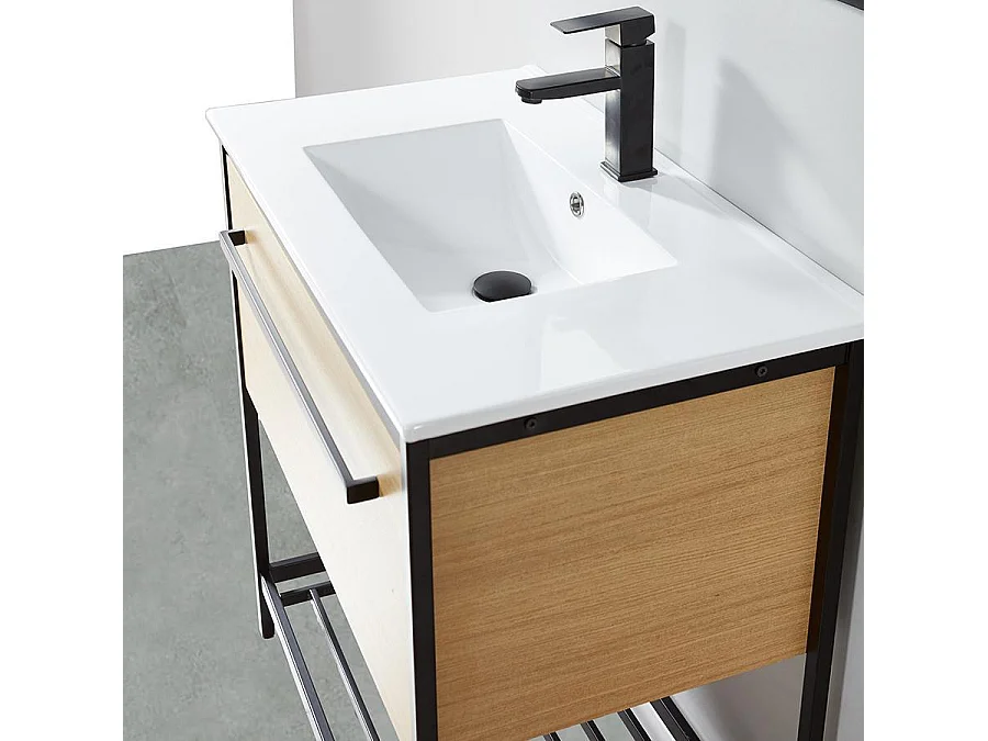 Meuble salle de bain SMART largeur 80 cm en métal noir avec vasque céramique blanche