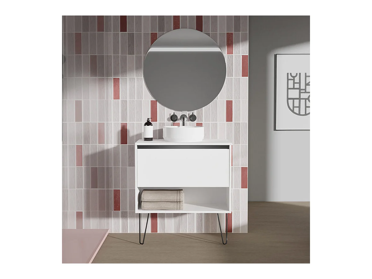 Meuble salle de bain avec vasque posée YOKO TOP  blanc brillant 60 cm  Miroir non inclus