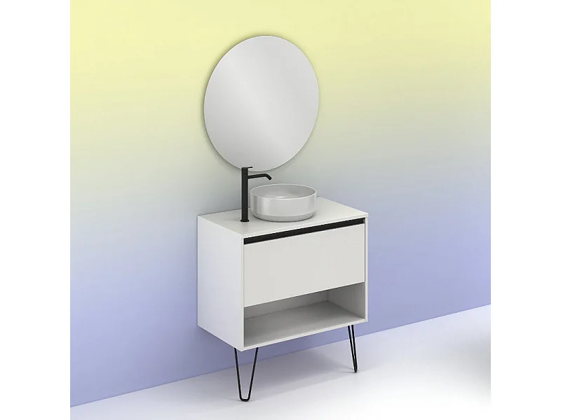 Meuble salle de bain avec vasque posée YOKO TOP  blanc brillant 60 cm  Miroir non inclus