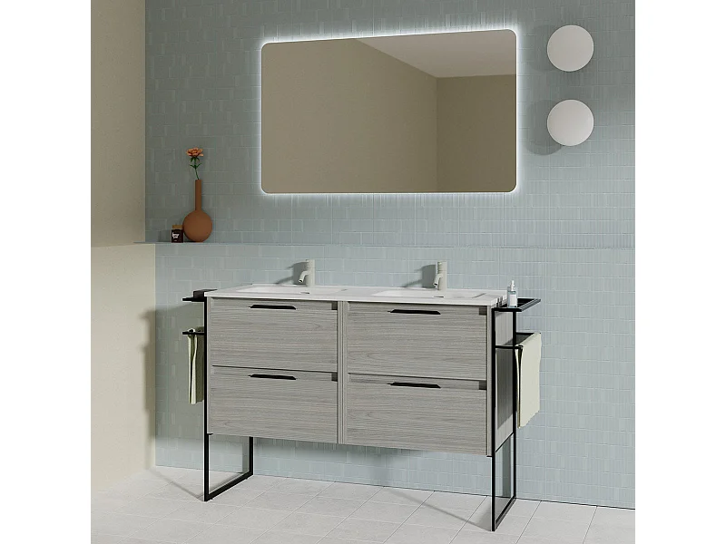 Meuble salle de bain double vasque en bois et métal KEIKO largeur 120 cm gris sablé
