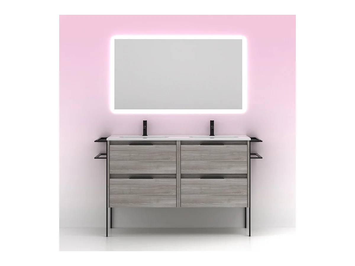 Meuble salle de bain double vasque en bois et métal KEIKO largeur 120 cm gris sablé