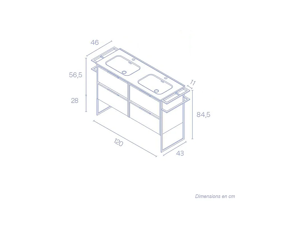 Meuble salle de bain double vasque en bois et métal KEIKO largeur 120 cm gris sablé