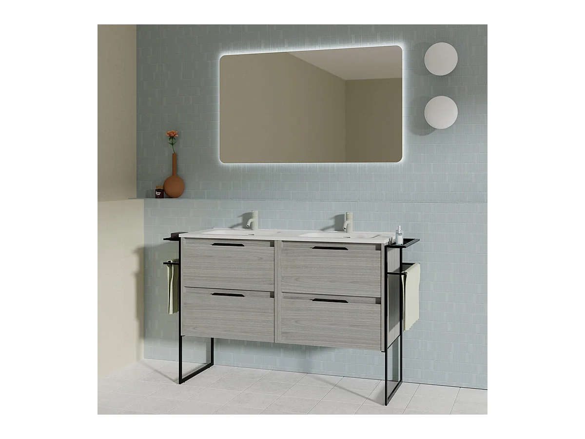 Meuble salle de bain double vasque en bois et métal KEIKO largeur 120 cm gris sablé
