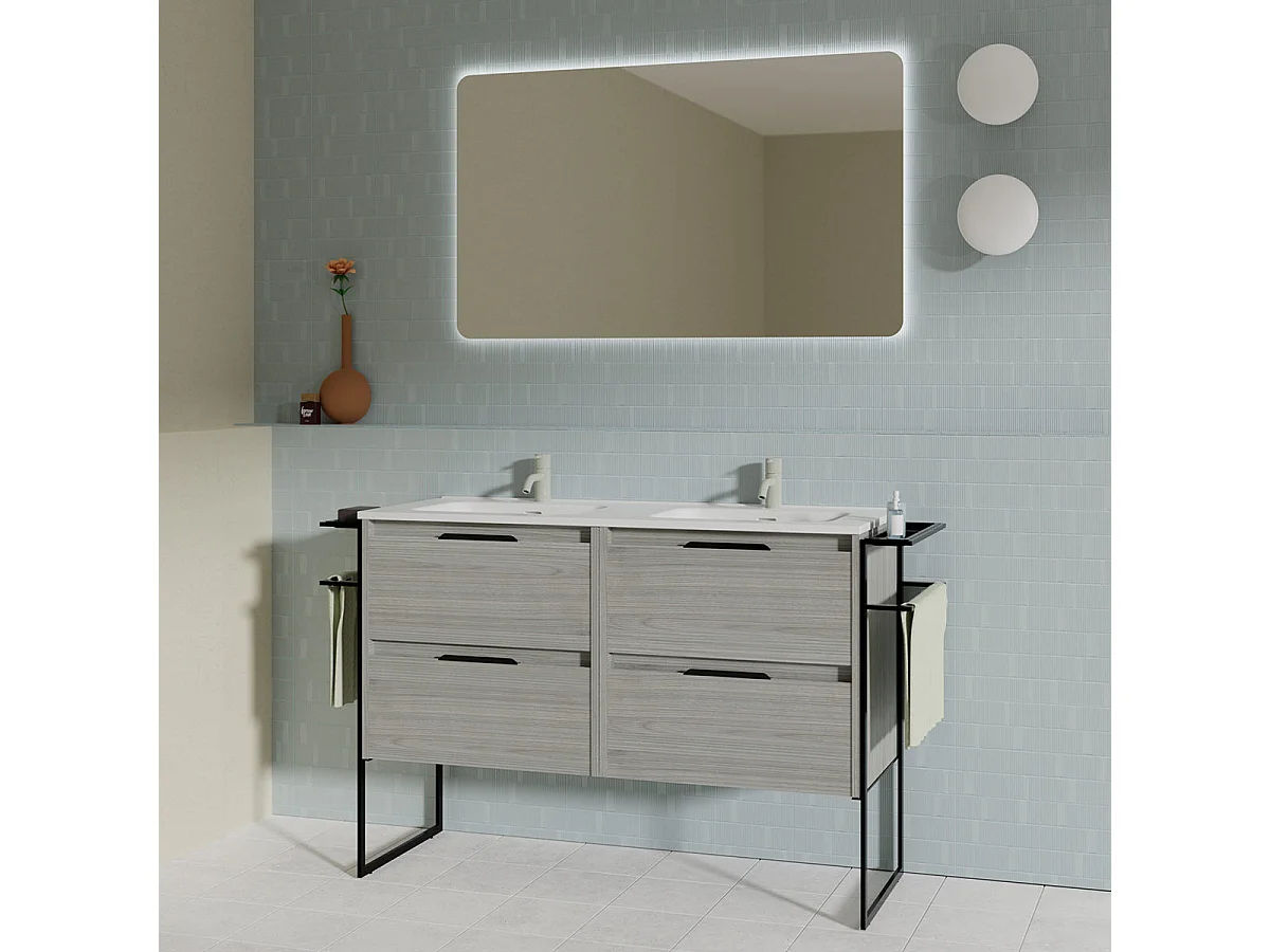 Meuble salle de bain double vasque en bois et métal KEIKO largeur 120 cm gris sablé