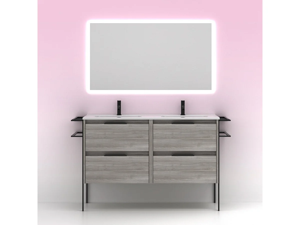 Meuble salle de bain double vasque en bois et métal KEIKO largeur 120 cm gris sablé