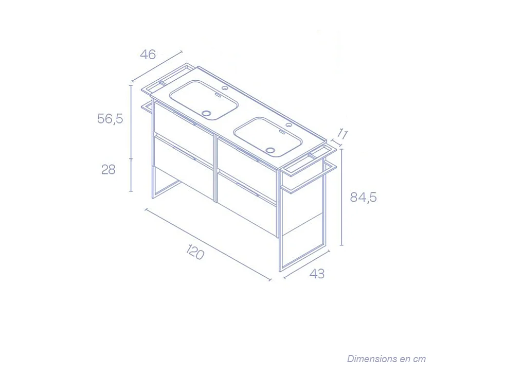 Meuble salle de bain double vasque en bois et métal KEIKO largeur 120 cm gris sablé