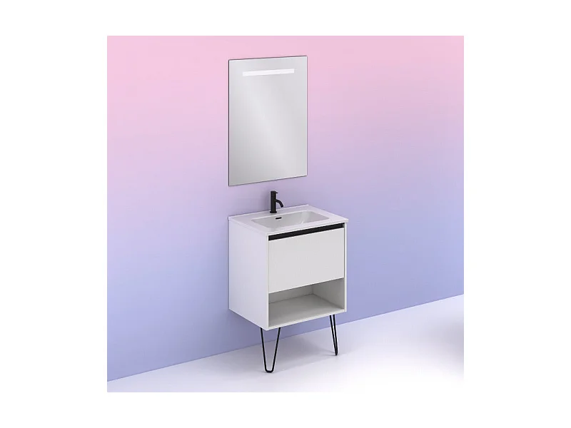 Meuble salle de bain simple vasque YOKO  blanc brillant 60 cm  Miroir non inclus